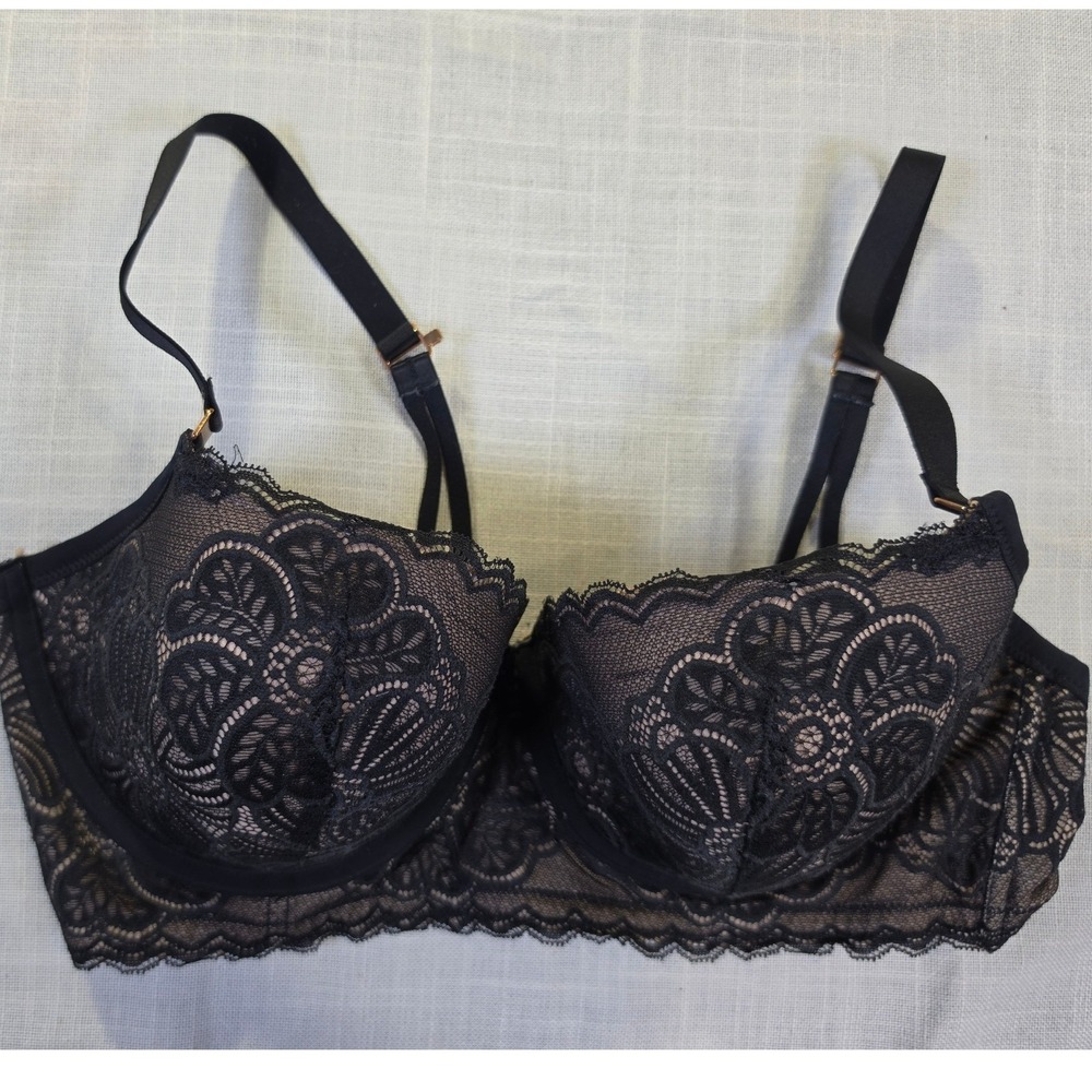 Black Floral Lace Underwire Bra with Tan Lining and Rose Gold Hardware